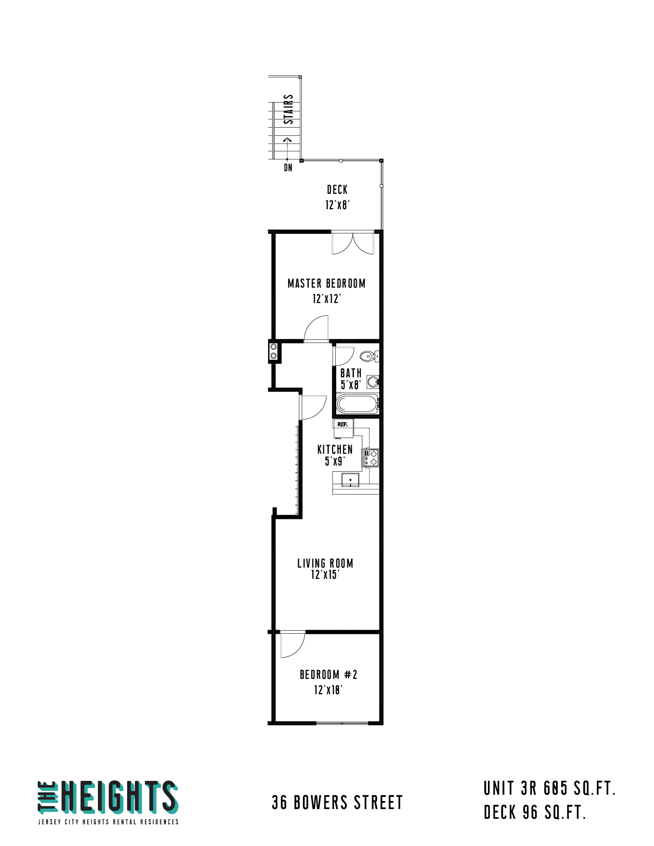 Floor plan for 2 beds, 1 bath, 605 sqft